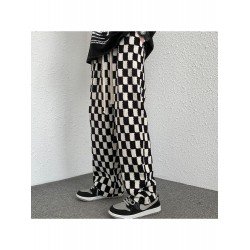 Drawstring Grid Black White Loose Trousers Drawstring Grid Black White Loose Trousers