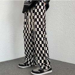 Drawstring Grid Black White Loose Trousers