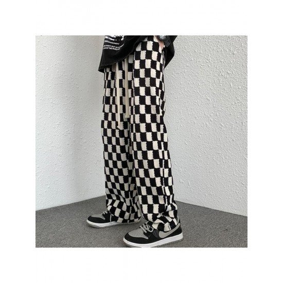 Drawstring Grid Black White Loose Trousers