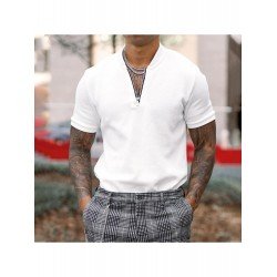 Men Pure Color Zipper Short Sleeve Polo Shirt  Men Pure Color Zipper Short Sleeve Polo Shirt