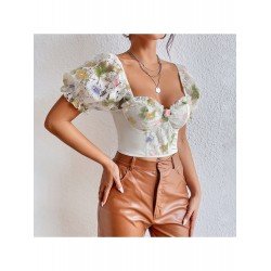  Sexy Puff Sleeve Flower Women's Short Sleeve Top