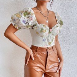  Sexy Puff Sleeve Flower Women's Short Sleeve Top