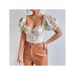  Sexy Puff Sleeve Flower Women's Short Sleeve Top