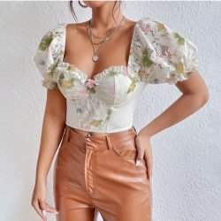  Sexy Puff Sleeve Flower Women's Short Sleeve Top