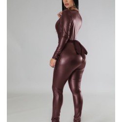  PU Leather Tight Contrast Color Women's Jumpsuit