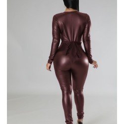  PU Leather Tight Contrast Color Women's Jumpsuit