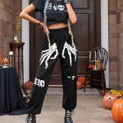 Elastic Waist Black Skeleton Women Pants Elastic Waist Black Skeleton Women Pants