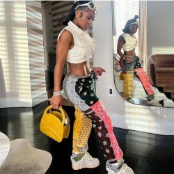 Paisley Printed Color Blocking Long Trousers For Women