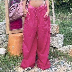 Trendy Solid Wide Leg Drawstring Casual Trousers