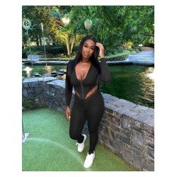 Pure Color Hooded Zipper Long Sleeve Trouser Suit  Pure Color Hooded Zipper Long Sleeve Trouser Suit