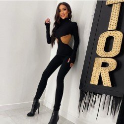  Sexy Hollowed Out Pure Color Women's Jumpsuit
