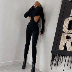  Sexy Hollowed Out Pure Color Women's Jumpsuit