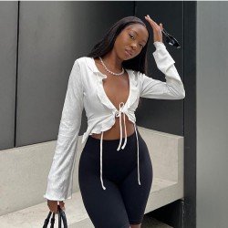 Sexy White V Neck Tie Wrap Ladies Tops