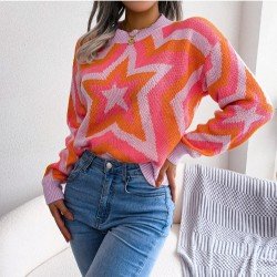  Women's Round Neck Star Geometric Pattern Sweater
