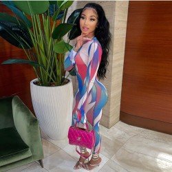 Sexy Tie Wrap Printed Fall Long Sleeve Jumpsuits