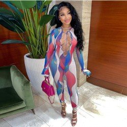 Sexy Tie Wrap Printed Fall Long Sleeve Jumpsuits