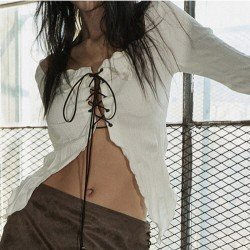 Sexy Tie Wrap White Stringy Selvedge Ladies Tops