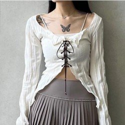 Sexy Tie Wrap White Stringy Selvedge Ladies Tops