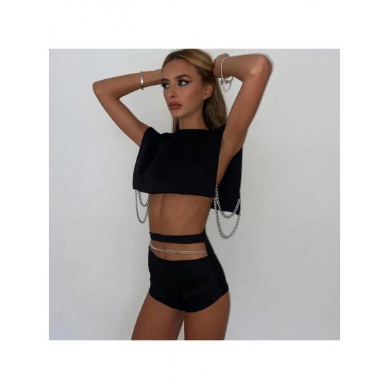  Pure Color Chain Hollowed Out Top And Shorts Sets