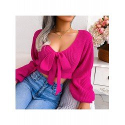 Lantern Sleeve Bow V Neck Loose Short Sweaters