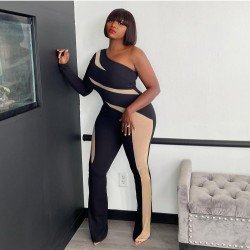  Sexy Slant Shoulder Contrast Color Women's Jumpsuit