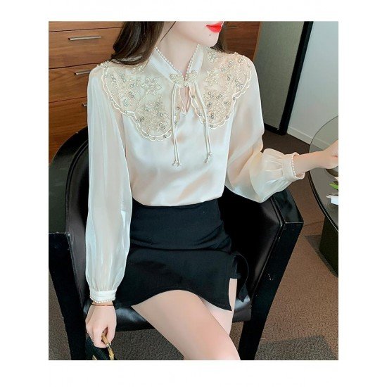  Autumn Satin Embroidery Bead Women's Blouse
