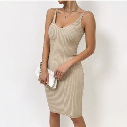  Sexy V Neck Pure Color Sleevelss Dress
