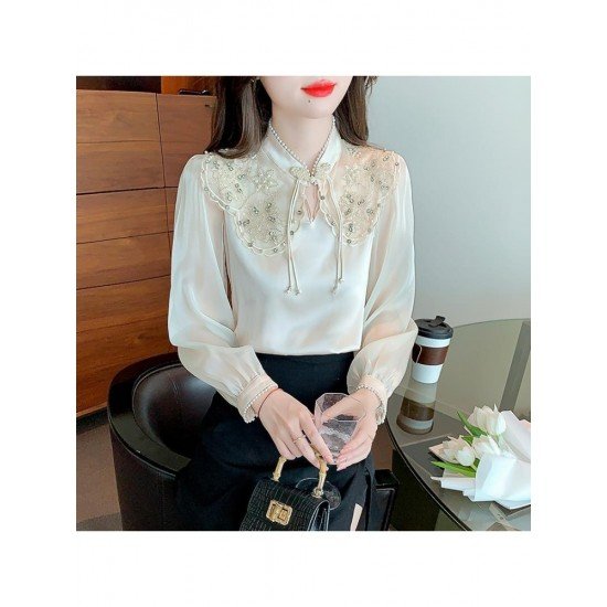  Autumn Satin Embroidery Bead Women's Blouse