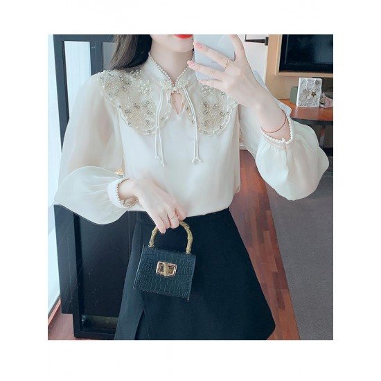  Autumn Satin Embroidery Bead Women's Blouse