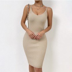  Sexy V Neck Pure Color Sleevelss Dress