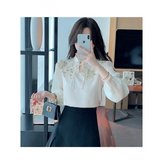  Autumn Satin Embroidery Bead Women's Blouse