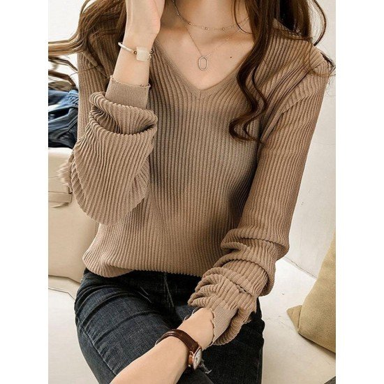  2024 Pure Color V-Neck Women Knitwear