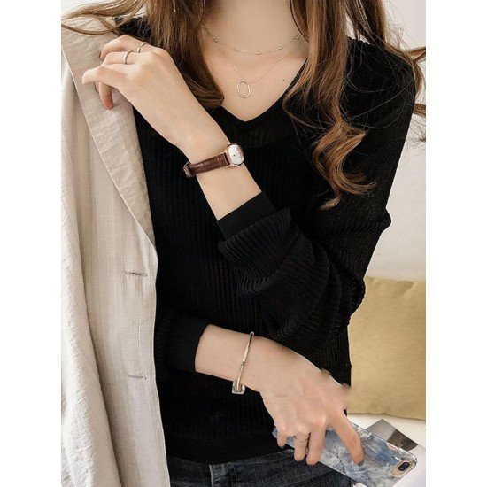  2024 Pure Color V-Neck Women Knitwear
