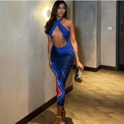 Ladies Backless Halter Printed Sleeveless Maxi Dress