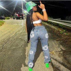 Printed Straight Leg Blue Women Jeans