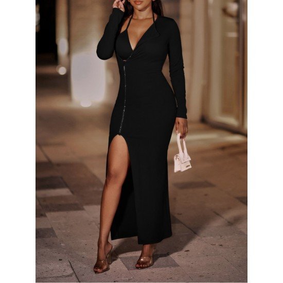  2024 Pure Color Slim Split Hem Long Dress