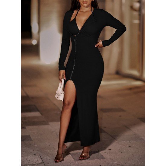  2024 Pure Color Slim Split Hem Long Dress