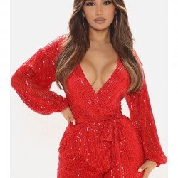 V Neck Sequined Puff Sleeve Short Rompers