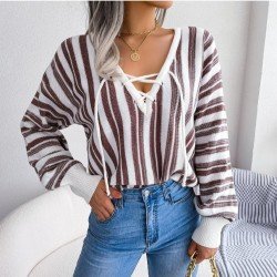  Casual Lantern Sleeve Bandage Striped Women's Sweater