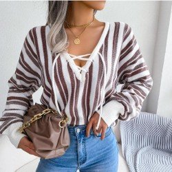  Casual Lantern Sleeve Bandage Striped Women's Sweater
