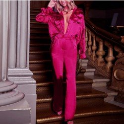  Pure Color Satin Women's Trouser Sets