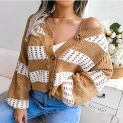  Fashion V Neck Contrast Color Women's Sweater