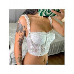 Ladies White Lace Patchwork Sleeveless Tops