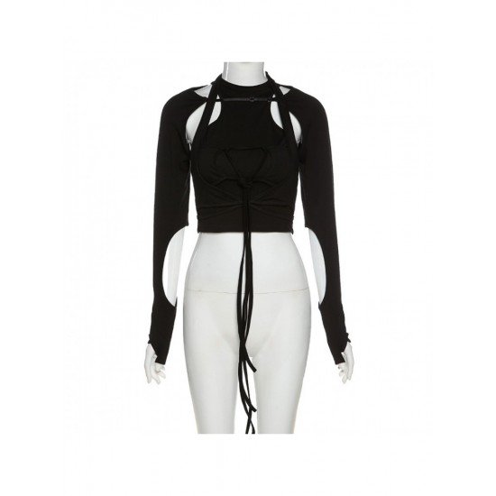 Cut Out Black Long Sleeve Designer Tops