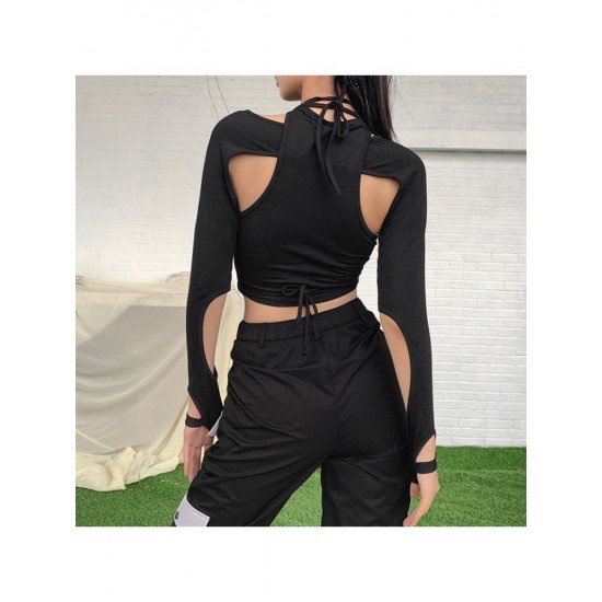 Cut Out Black Long Sleeve Designer Tops