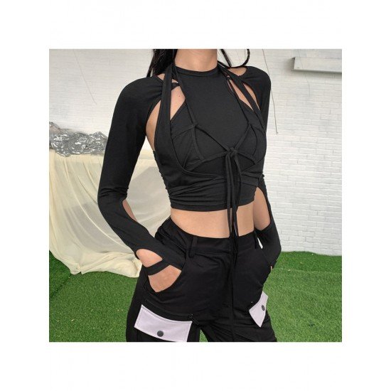 Cut Out Black Long Sleeve Designer Tops