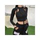 Cut Out Black Long Sleeve Designer Tops