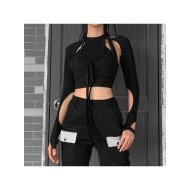 Cut Out Black Long Sleeve Designer Tops