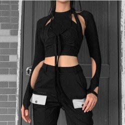 Cut Out Black Long Sleeve Designer Tops