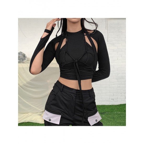 Cut Out Black Long Sleeve Designer Tops